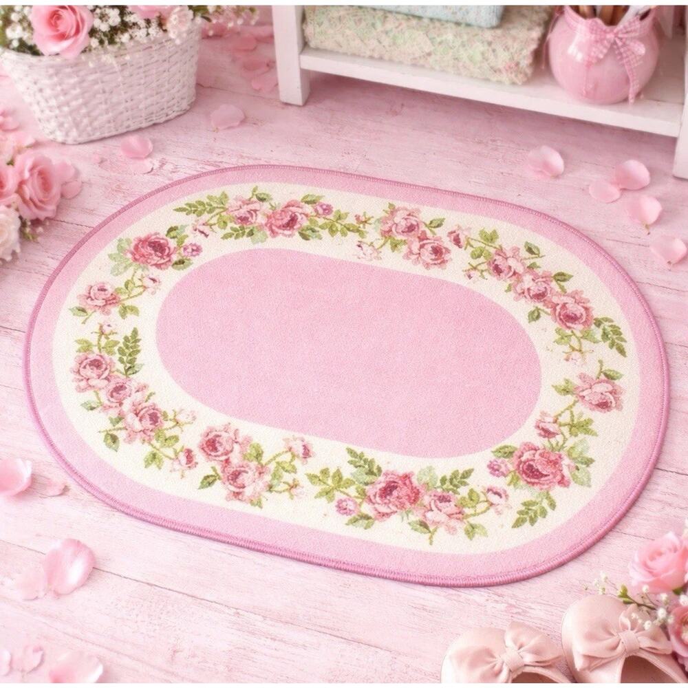 Floral Skid Resistant Accent Rug Roses Pink Oval Bath Rug Vintage Cottagecore